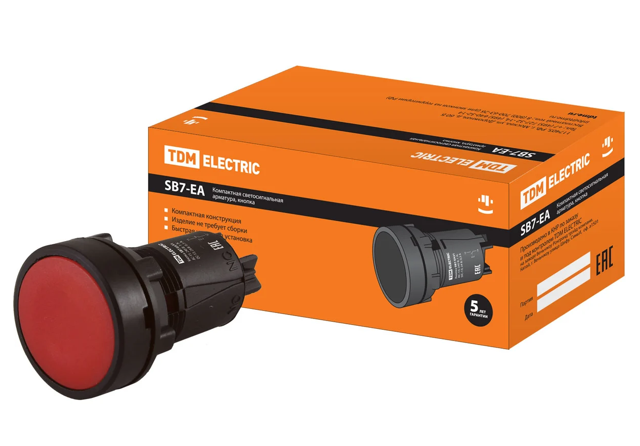 Кнопка TDM SB7-EA41 с возвратом, 1НЗ, d22 мм, красная, IP40