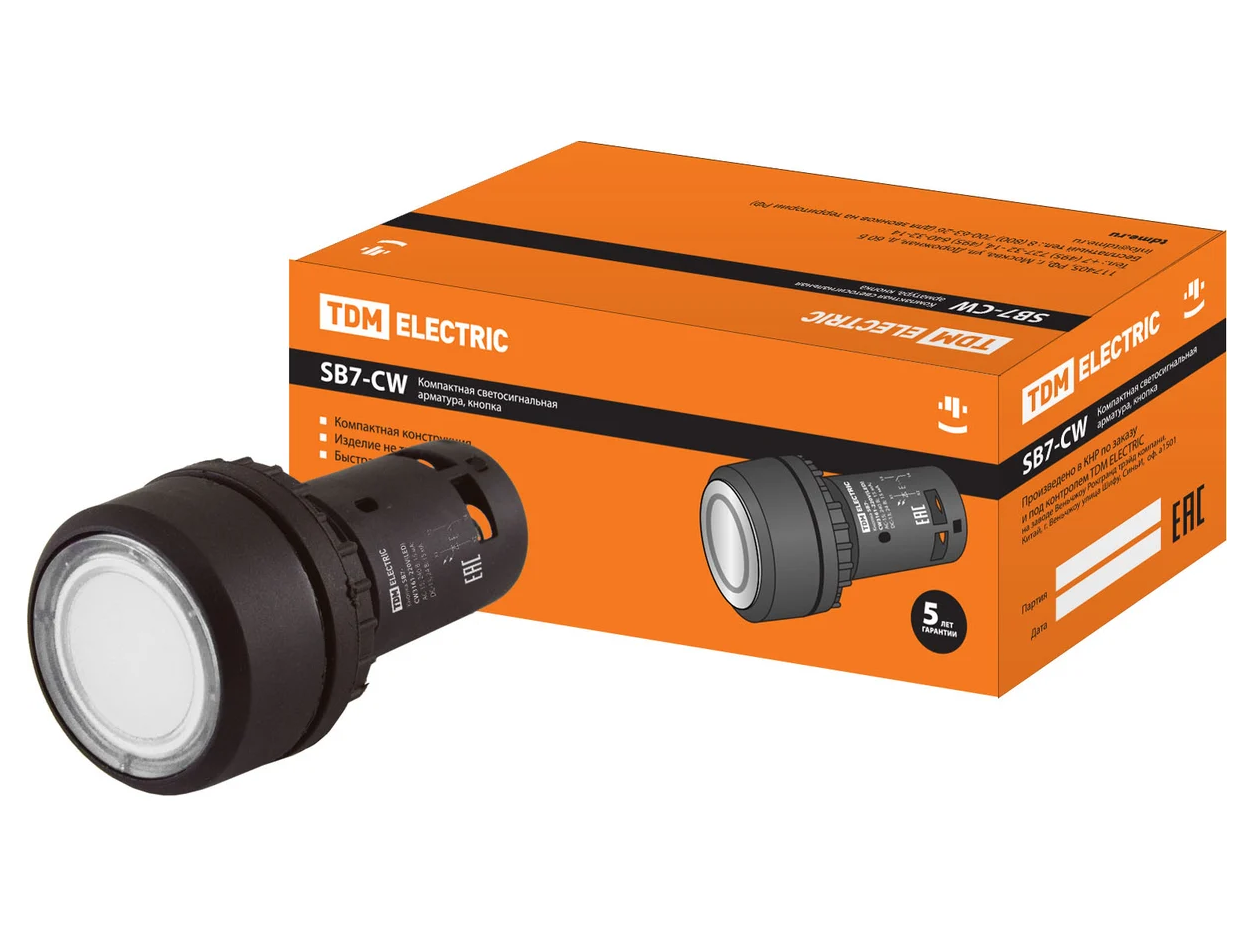 Кнопка TDM SB7-CW3161 с возвратом, 1НО, d22 мм, 220 В LED, белая, IP54