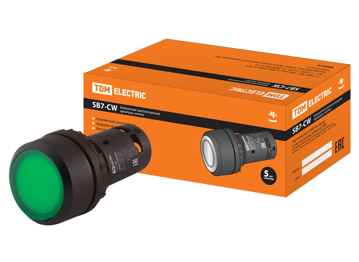 Кнопка TDM SB7-CW3361 с возвратом, 1НО, d22 мм, 220 В LED, зеленая, IP54