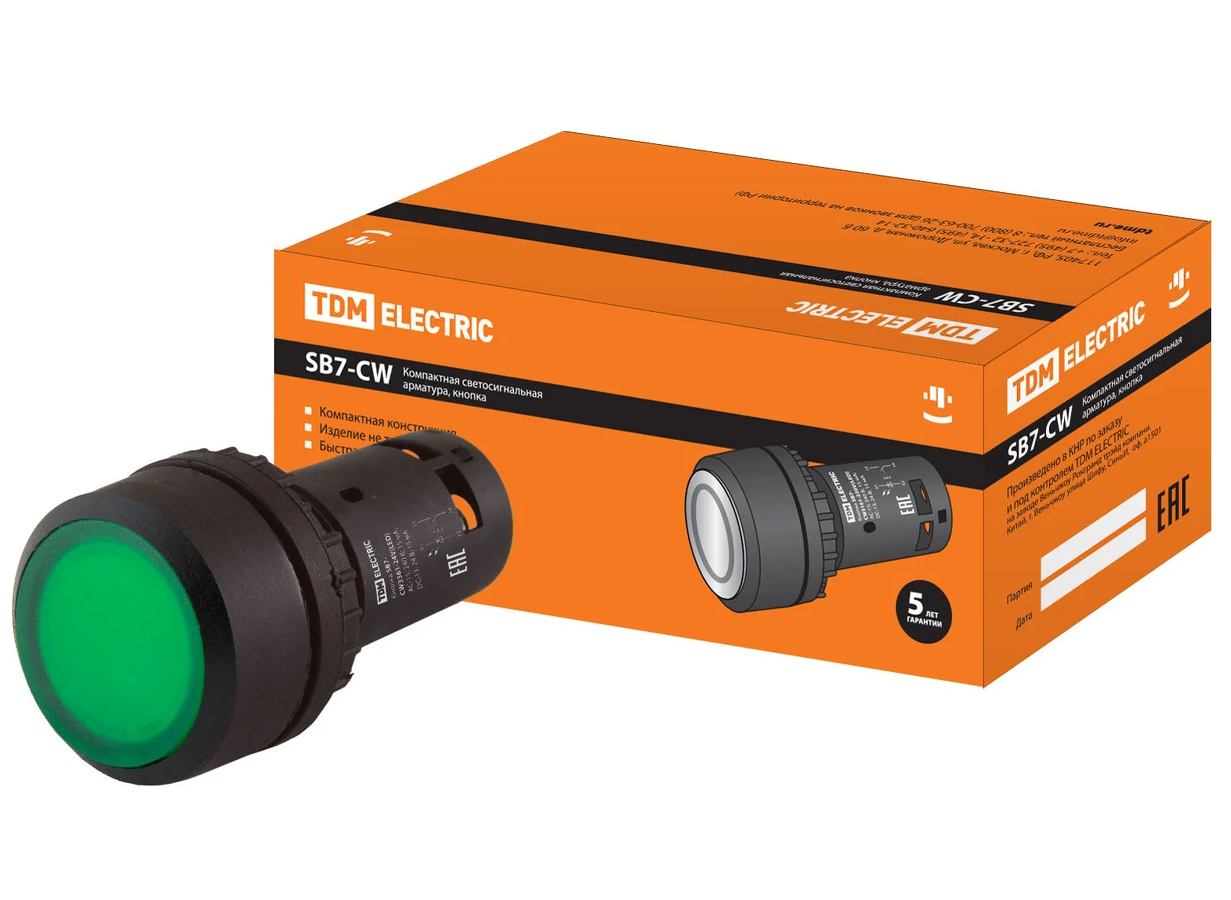 Кнопка TDM SB7-CW3361 с возвратом, 1НО, d22 мм, 24 В LED, зеленая, IP54