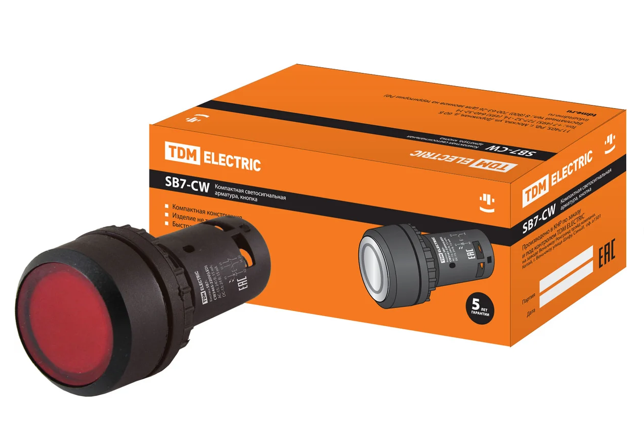 Кнопка TDM SB7-CW3462 с возвратом, 1НЗ, d22 мм, 220 В LED, красная, IP54