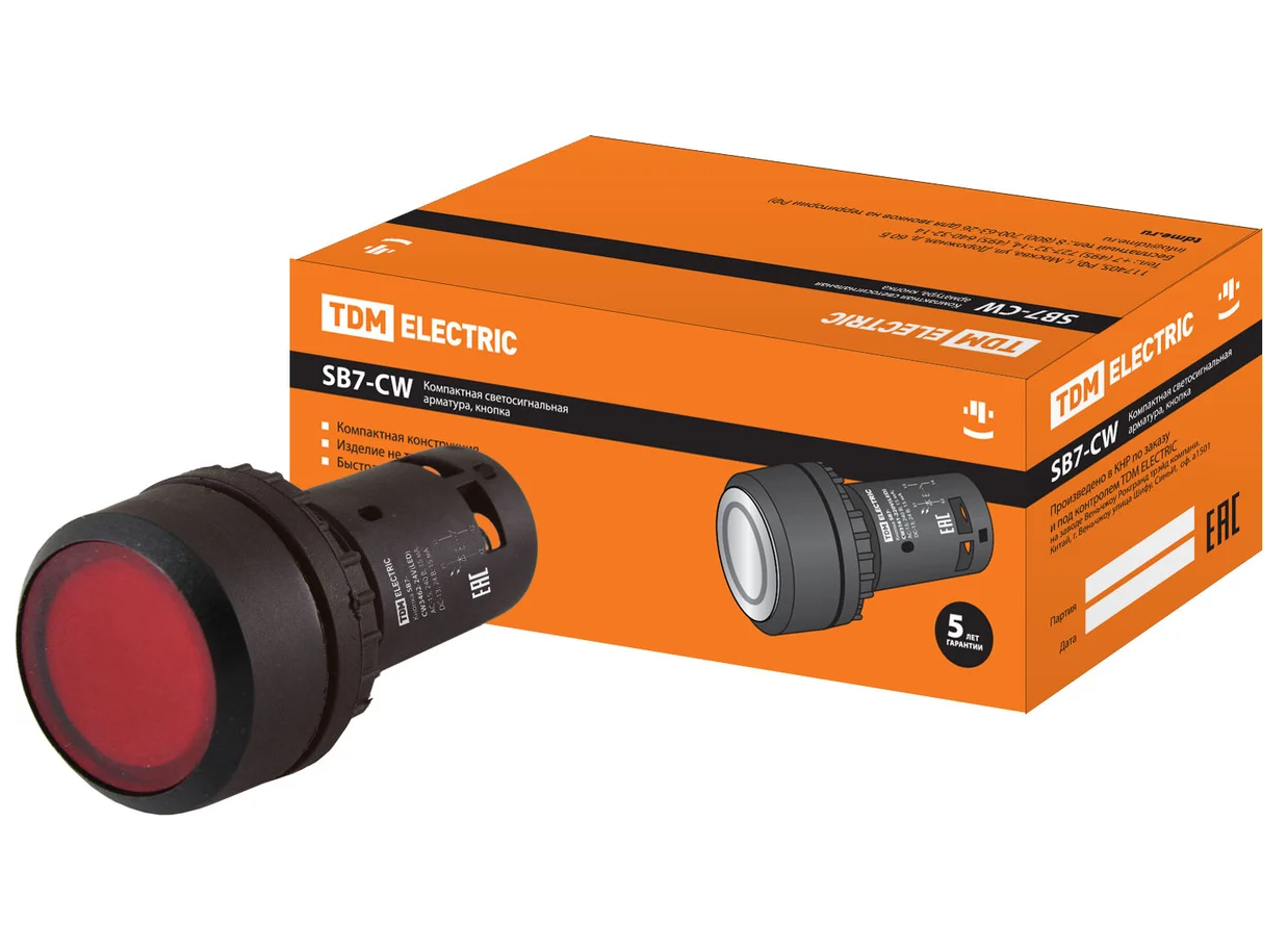 Кнопка TDM SB7-CW3462 с возвратом, 1НЗ, d22 мм, 24 В LED, красная, IP54