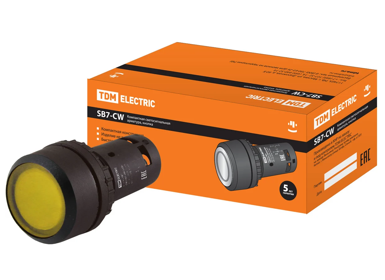 Кнопка TDM SB7-CW3561 с возвратом, 1НО, d22 мм, 24 В LED, желтая, IP54