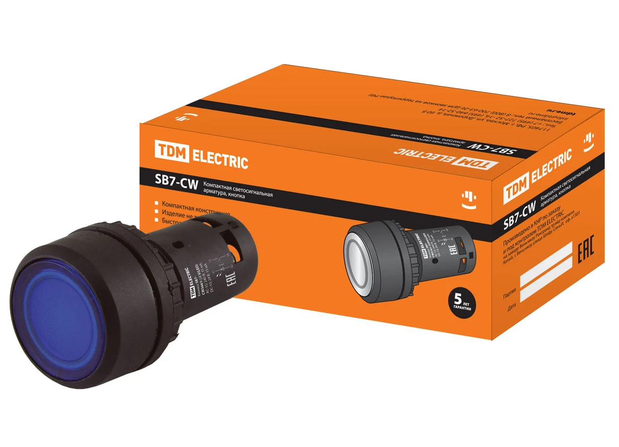 Кнопка TDM SB7-CW3661 с возвратом, 1НО, d22 мм, 24 В LED, синяя, IP54