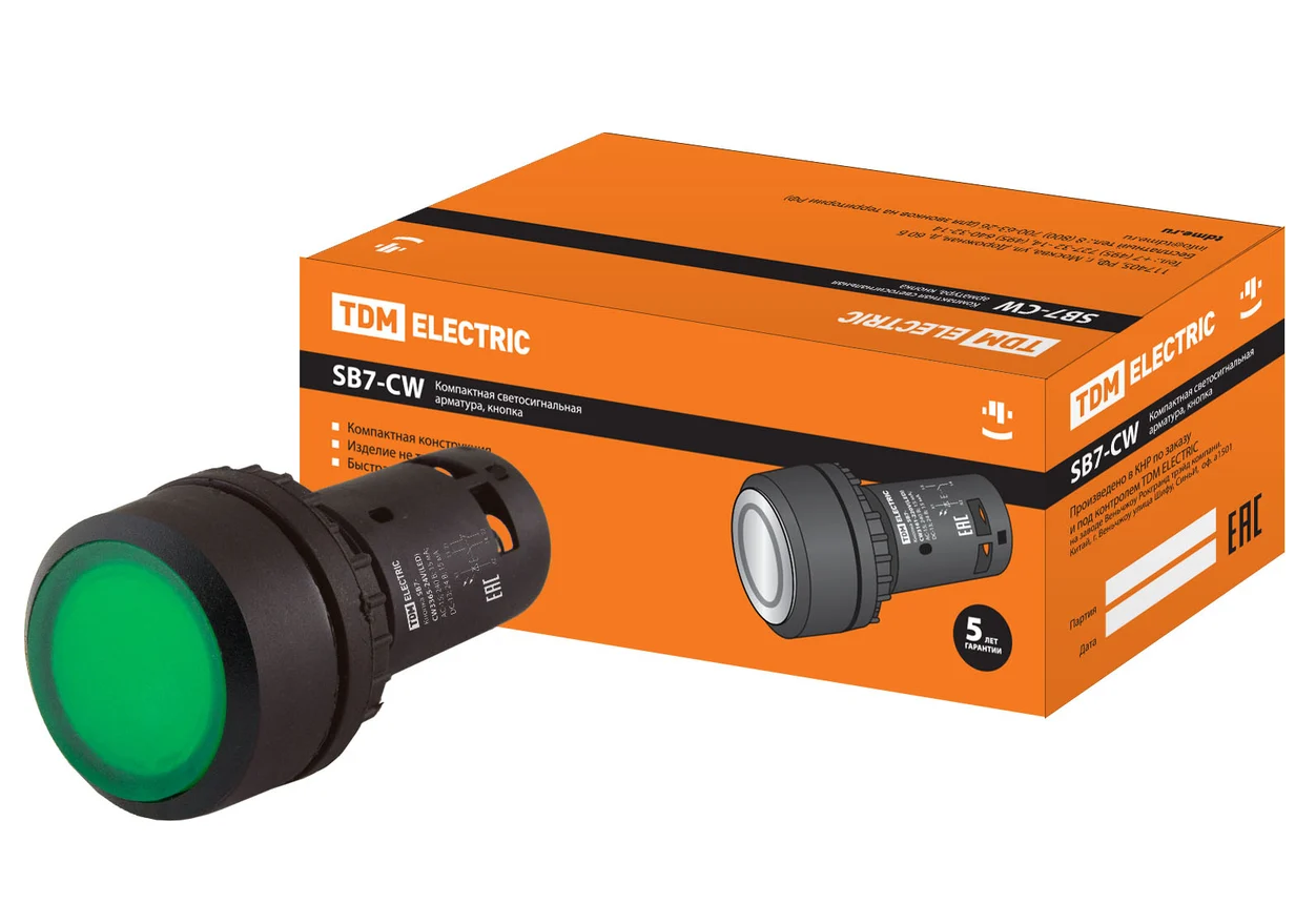 Кнопка TDM SB7-CW3365 с возвратом, 1НО+1НЗ, d22 мм, 24 В LED, зеленая, IP54