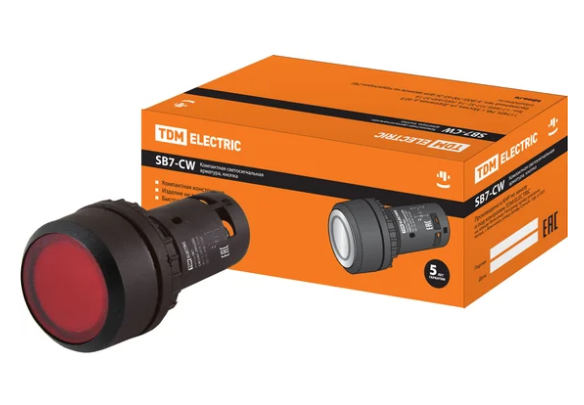 Кнопка TDM SB7-CW3465 с возвратом, 1НО+1НЗ, d22 мм, 220 В LED, красная, IP54