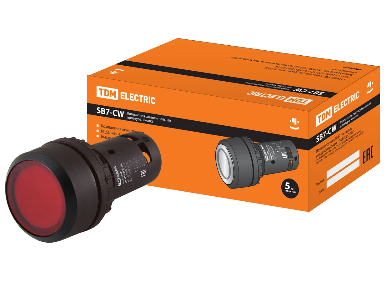 Кнопка TDM SB7-CW3465 с возвратом, 1НО+1НЗ, d22 мм, 24 В LED, красная, IP54