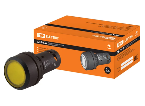 Кнопка TDM SB7-CW3565 с возвратом, 1НО+1НЗ, d22 мм, 24 В LED, желтая, IP54