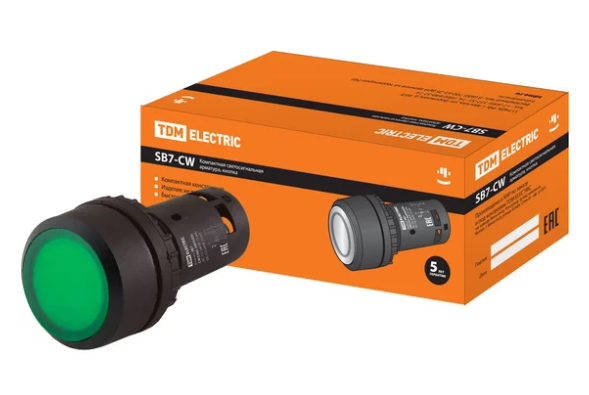 Кнопка TDM SB7-CWL3365 с фиксацией, 1НО+1НЗ, d22 мм, 24 В LED, зеленая, IP54