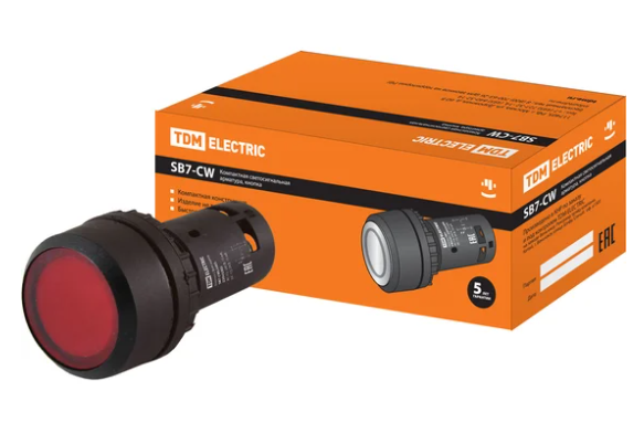 Кнопка TDM SB7-CWL3465 с фиксацией, 1НО+1НЗ, d22 мм, 220 В LED, красная, IP54