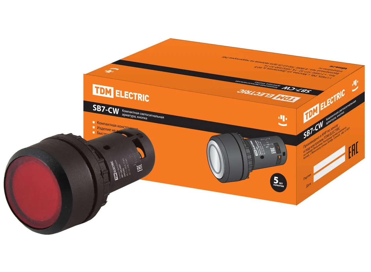 Кнопка TDM SB7-CWL3465 с фиксацией, 1НО+1НЗ, d22 мм, 24 В LED, красная, IP54
