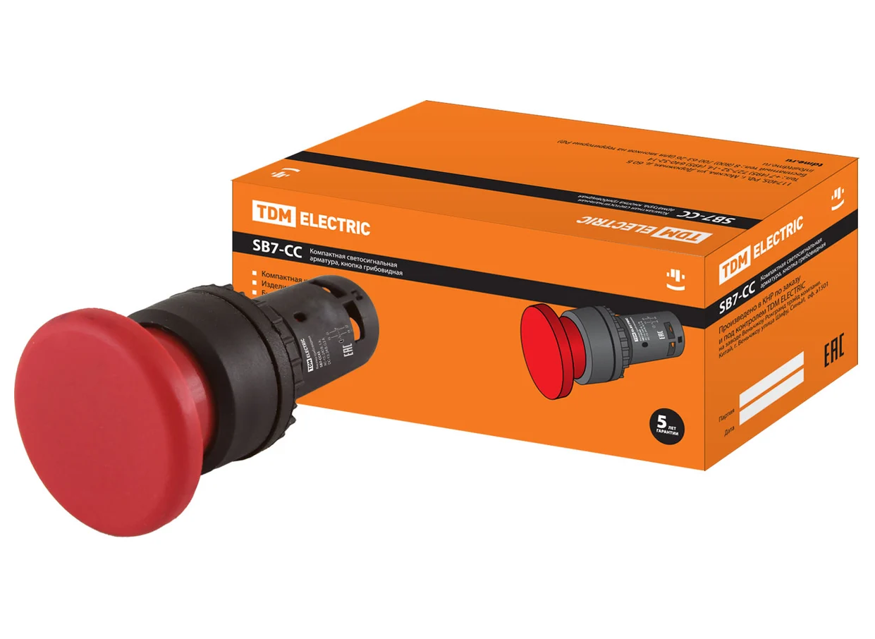 Кнопка грибовидная TDM SB7-CC45 с возвратом, 1НО+1НЗ, d35 мм, красная, IP40 купить с доставкой по РФ