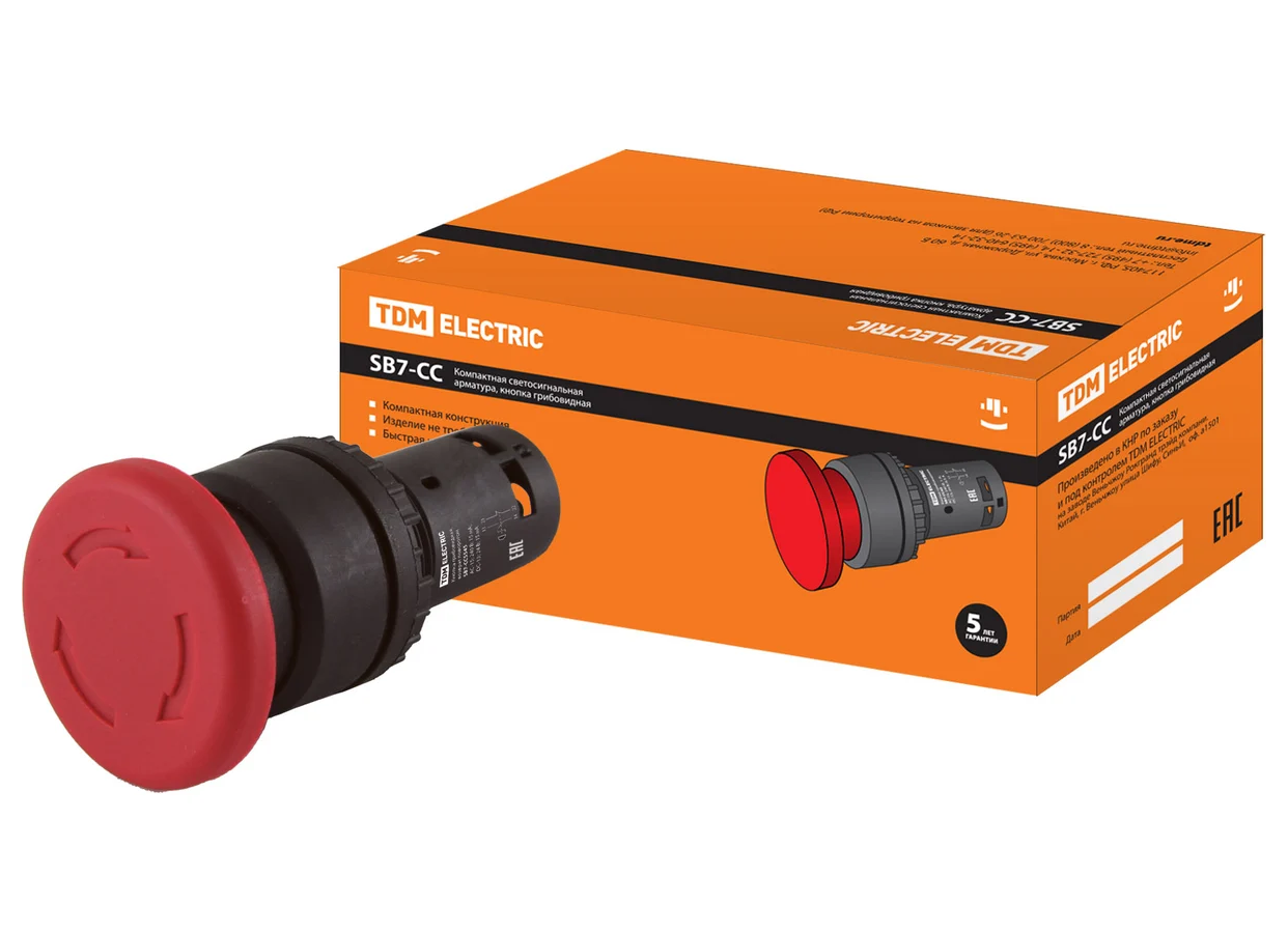 Кнопка грибовидная TDM SB7-CCS545 с фиксацией, возврат поворотом, 1НО+1НЗ, d35 мм, красная, IP40