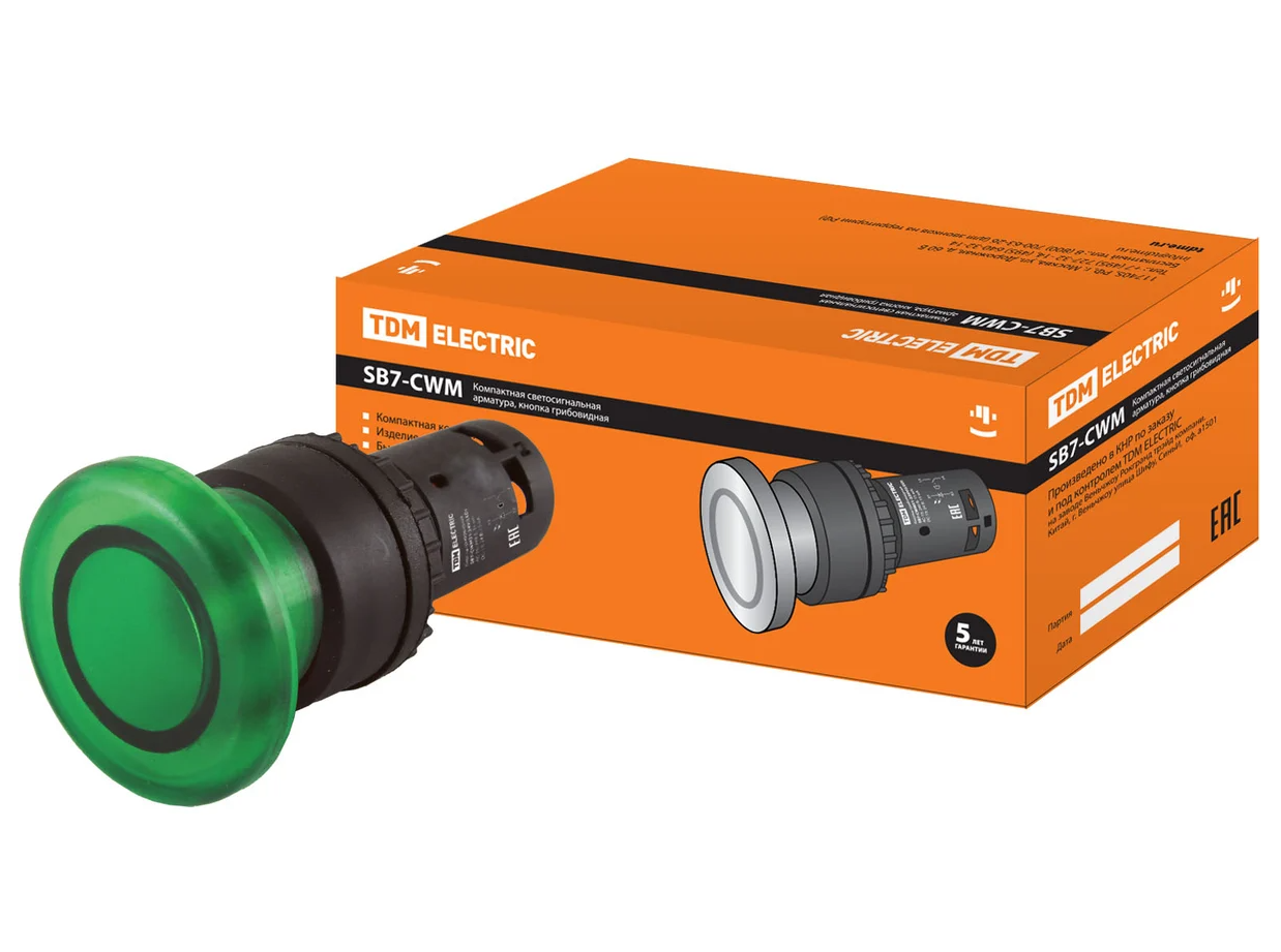 Кнопка грибовидная TDM SB7-CWM31 с возвратом, 1НО, 24 В LED, d35 мм, зеленая, IP40