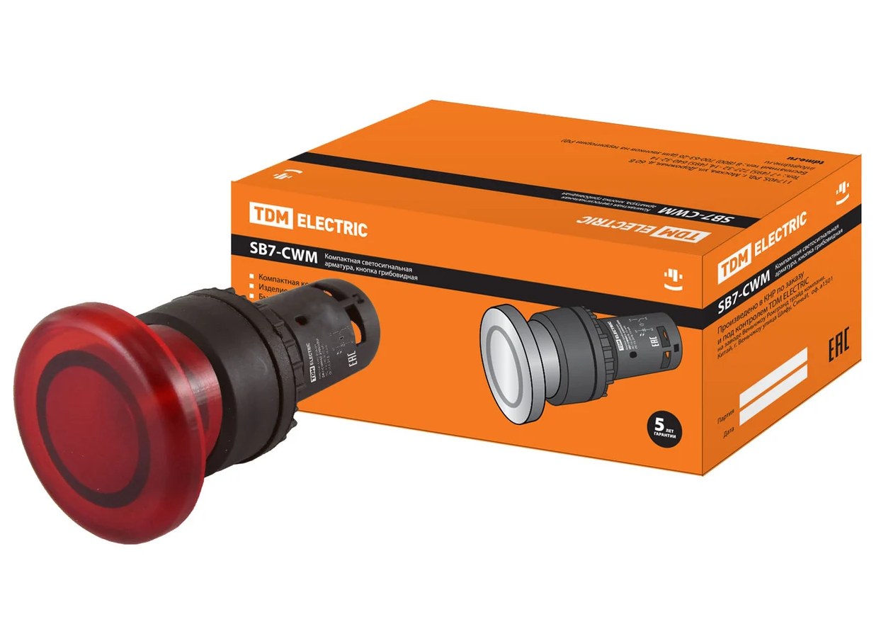 Кнопка грибовидная TDM SB7-CWM42 с возвратом, 1НЗ, 220 В LED, d35 мм, красная, IP40