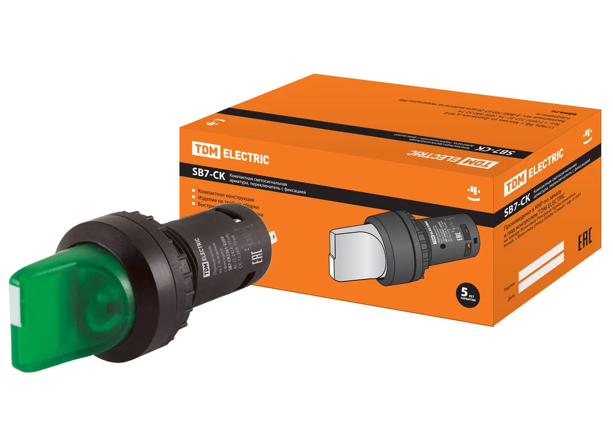 Переключатель 2 положения TDM SB7-CK2361 с фиксацией, 1НО, d22 мм, 220 В LED, зеленый, IP40
