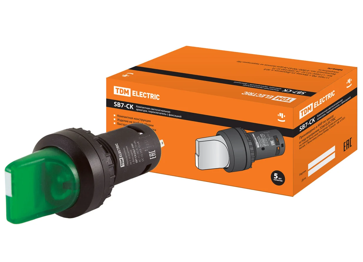 Переключатель 2 положения TDM SB7-CK2361 с фиксацией, 1НО, d22 мм, 24 В LED, зеленый, IP40