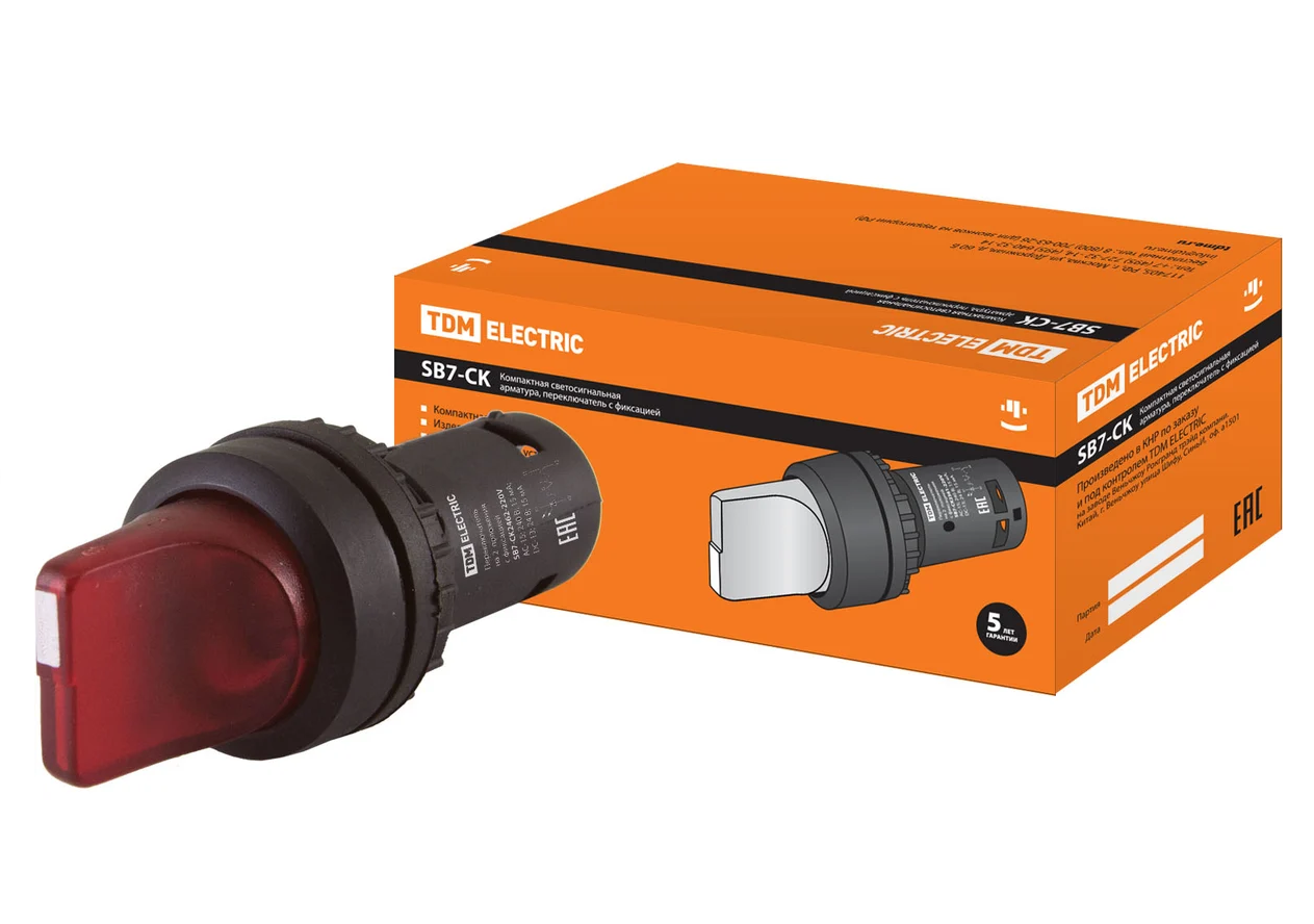 Переключатель 2 положения TDM SB7-CK2462 с фиксацией, 1НЗ, d22 мм, 220 В LED, красный, IP40