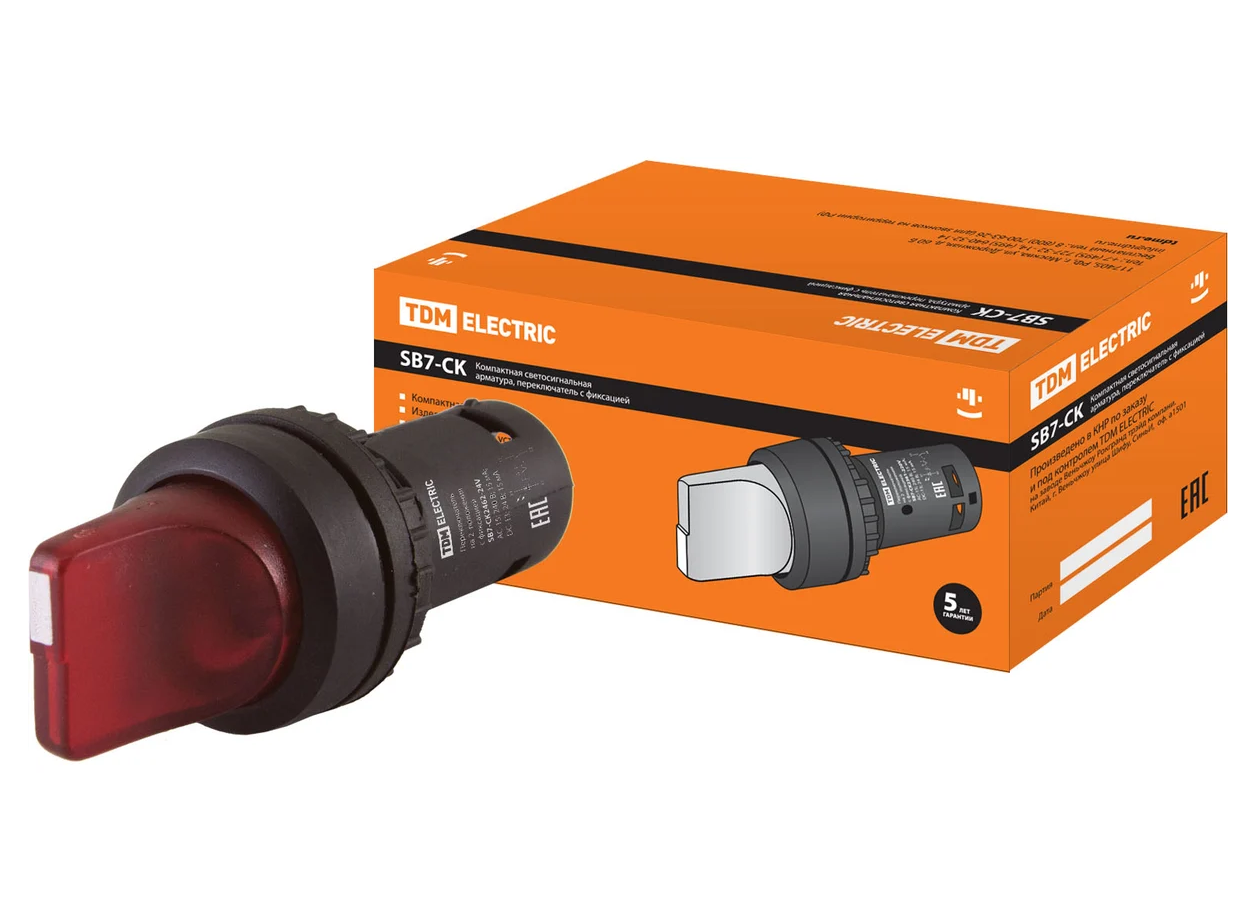 Переключатель 2 положения TDM SB7-CK2462 с фиксацией, 1НЗ, d22 мм, 24 В LED, красный, IP40