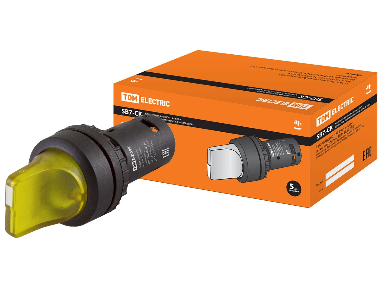 Переключатель 2 положения TDM SB7-CK2561 с фиксацией, 1НО, d22 мм, 220 В LED, желтый, IP40