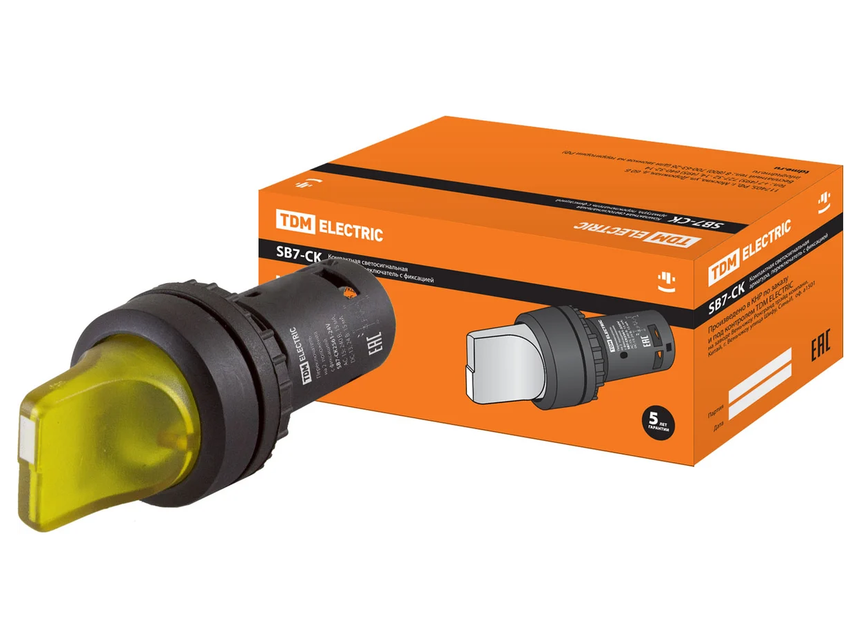 Переключатель 2 положения TDM SB7-CK2561 с фиксацией, 1НО, d22 мм, 24 В LED, желтый, IP40