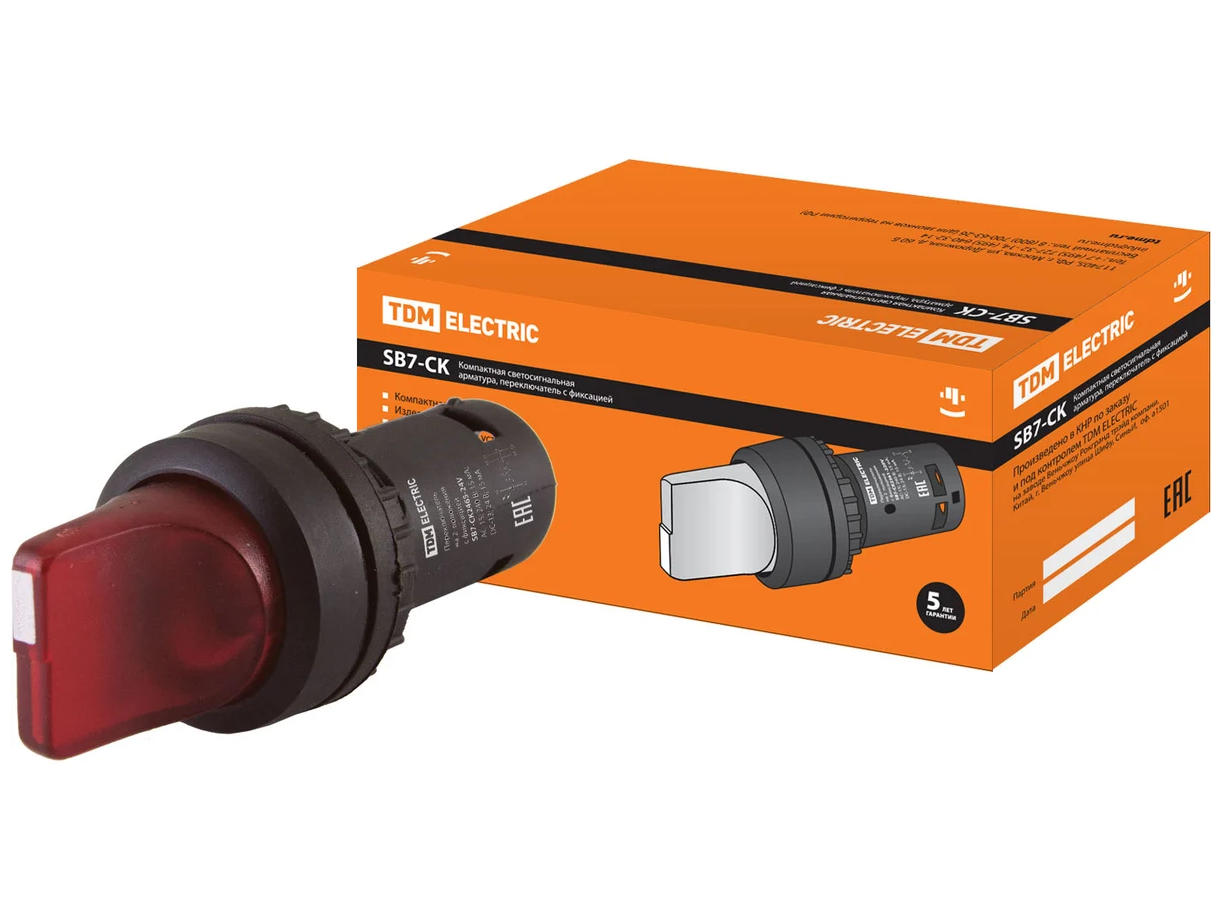 Переключатель 2 положения TDM SB7-CK2465 с фиксацией, 1НО+1НЗ, d22 мм, 24 В LED, красный, IP40