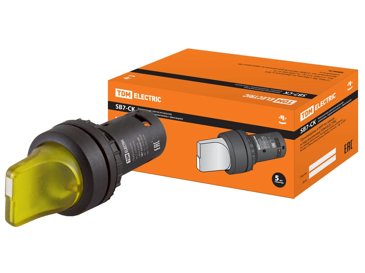 Переключатель 2 положения TDM SB7-CK2565 с фиксацией, 1НО+1НЗ, d22 мм, 24 В LED, желтый, IP40