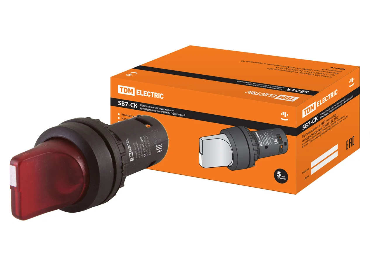 Переключатель 3 положения TDM SB7-CK3465 с фиксацией, 1з+1р, d22 мм, 220 В LED, красный, IP40