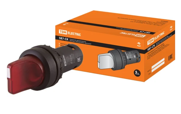Переключатель 3 положения TDM SB7-CK3465 с фиксацией, 1з+1р, d22 мм, 24 В LED, красный, IP40