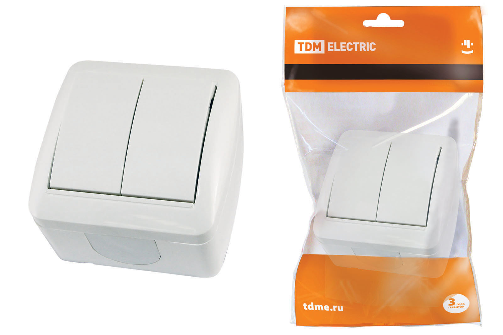 Выключатель 2-кл открытой установки TDM ELECTRIC "Селигер" IP44 10А белый