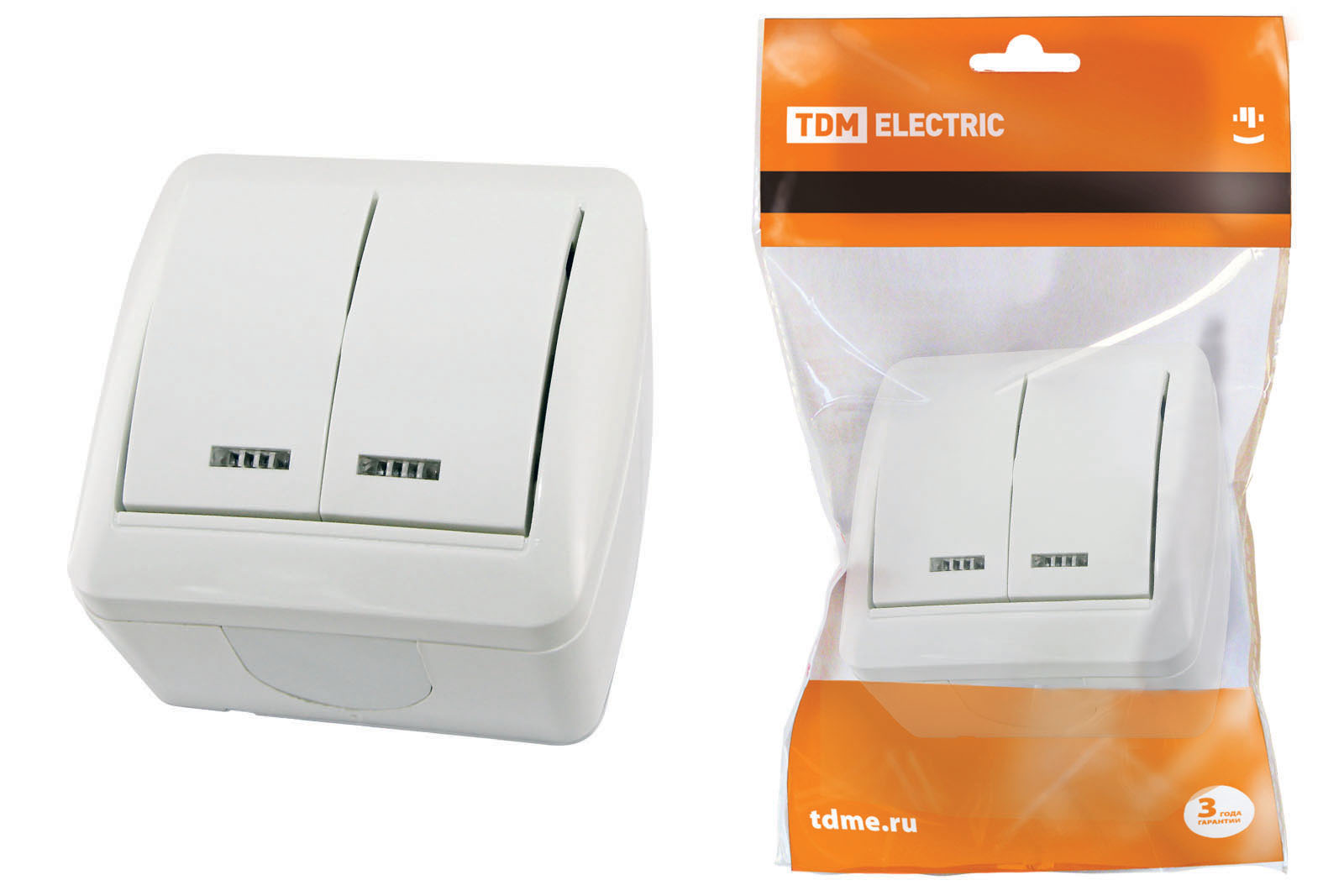 Выключатель 2-кл открытой установки с подсветкой TDM ELECTRIC "Селигер" IP44 10А белый