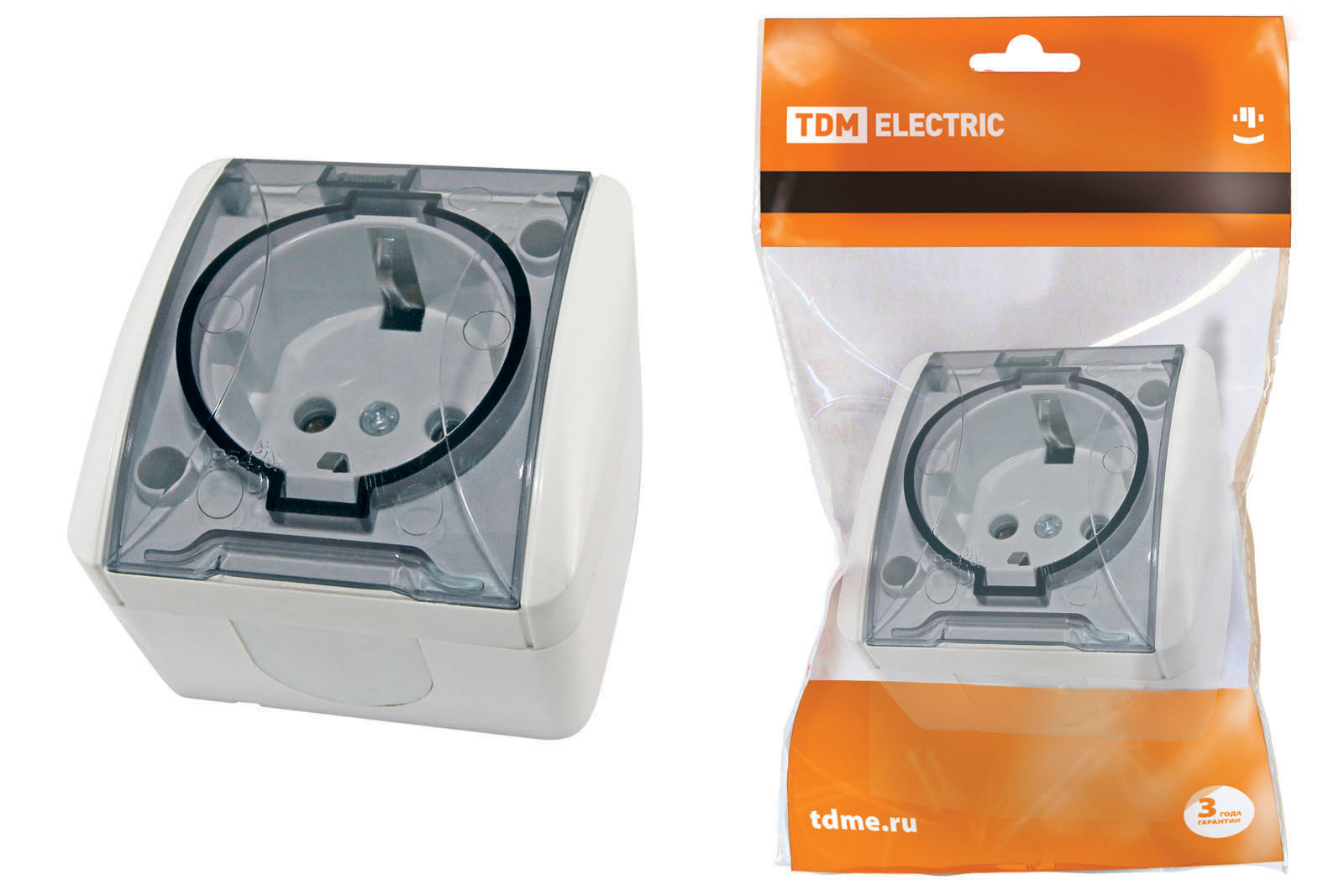 Розетка TDM ELECTRIC Селигер 2П+3 открытой установки IP54 16А с прозрачной крышкой белая