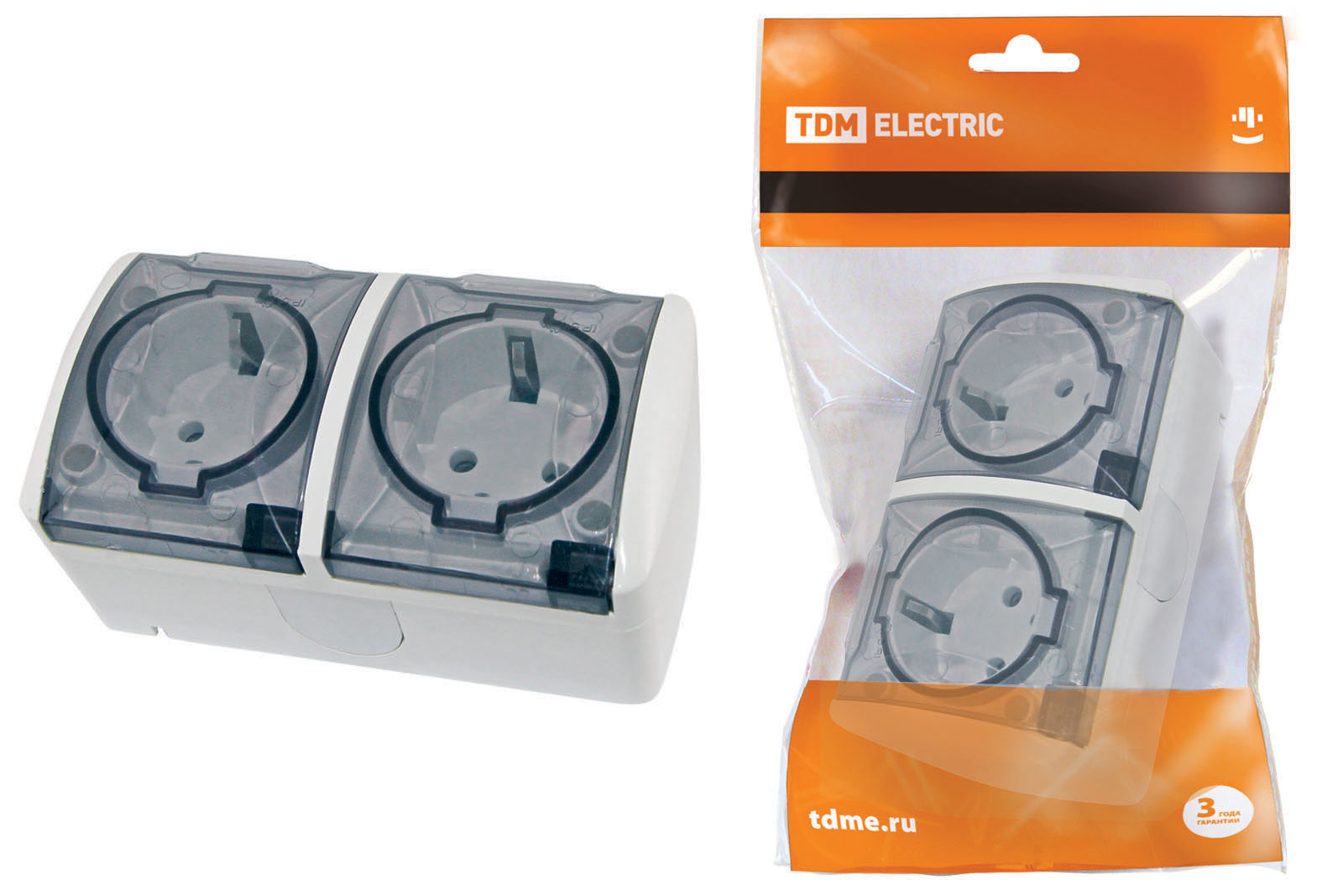 Розетка TDM ELECTRIC Селигер двойная 2П+3 открытой установки IP54 16А с прозрачной крышкой белая