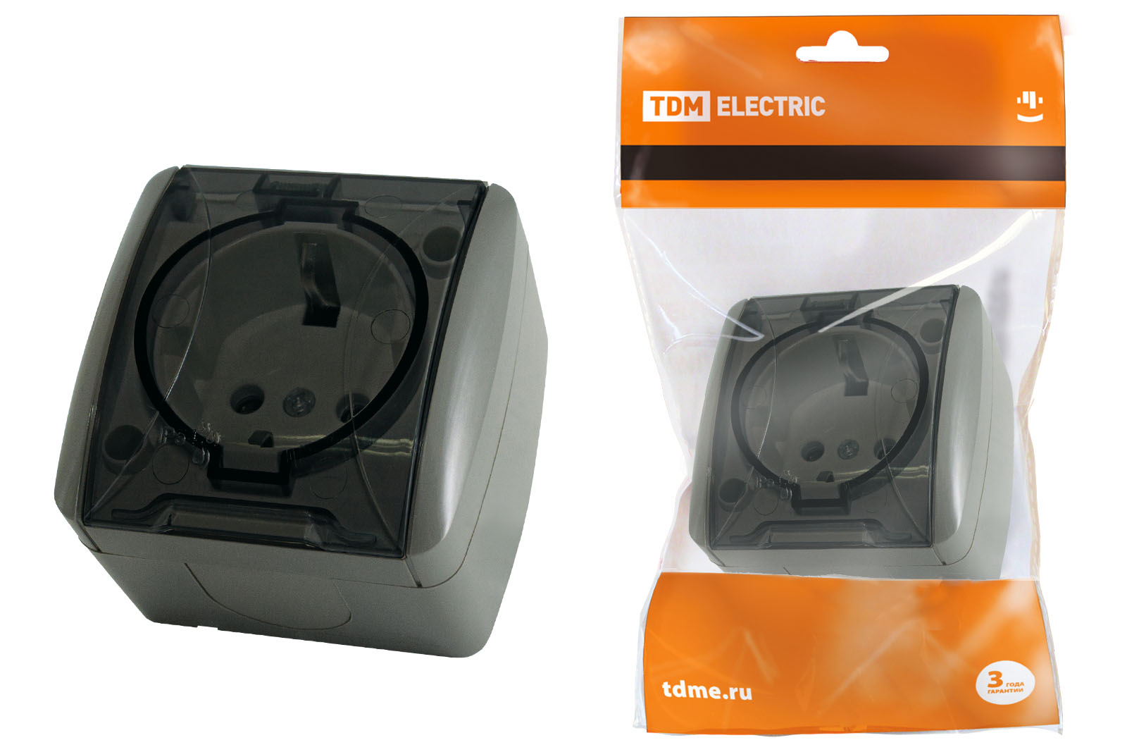 Розетка TDM ELECTRIC Селигер 2П+3 открытой установки IP54 16А с прозрачной крышкой серая