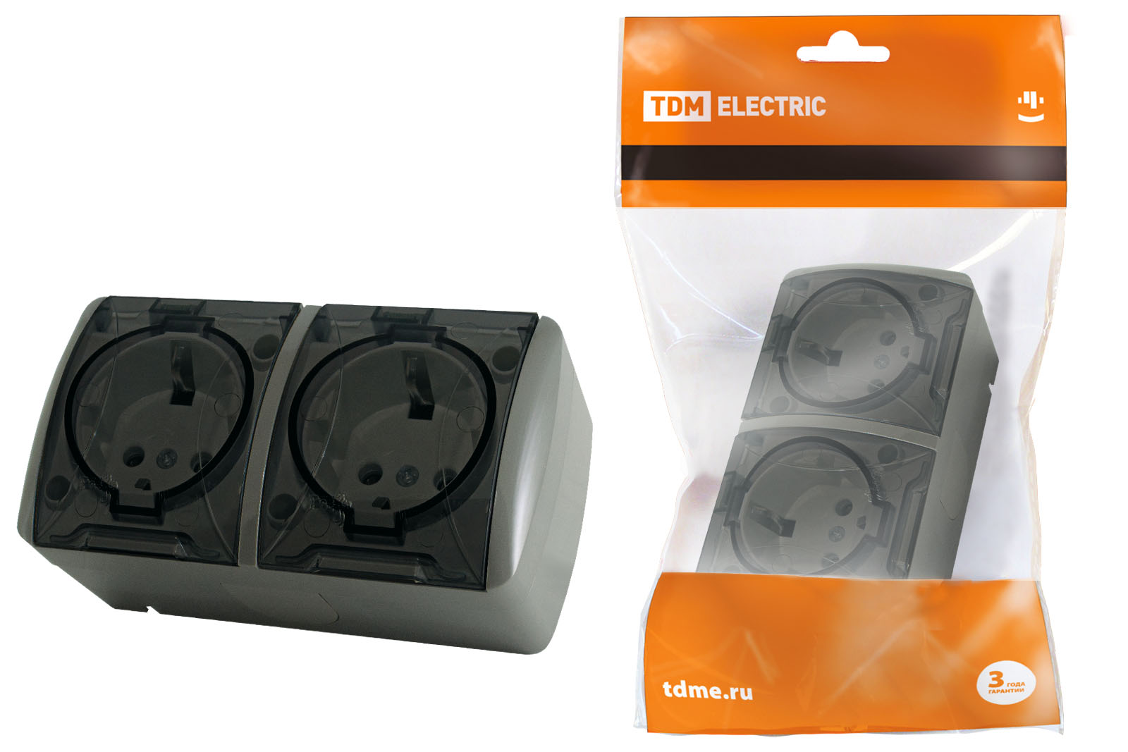 Розетка TDM ELECTRIC Селигер двойная 2П+3 открытой установки IP54 16А с прозрачной крышкой серая