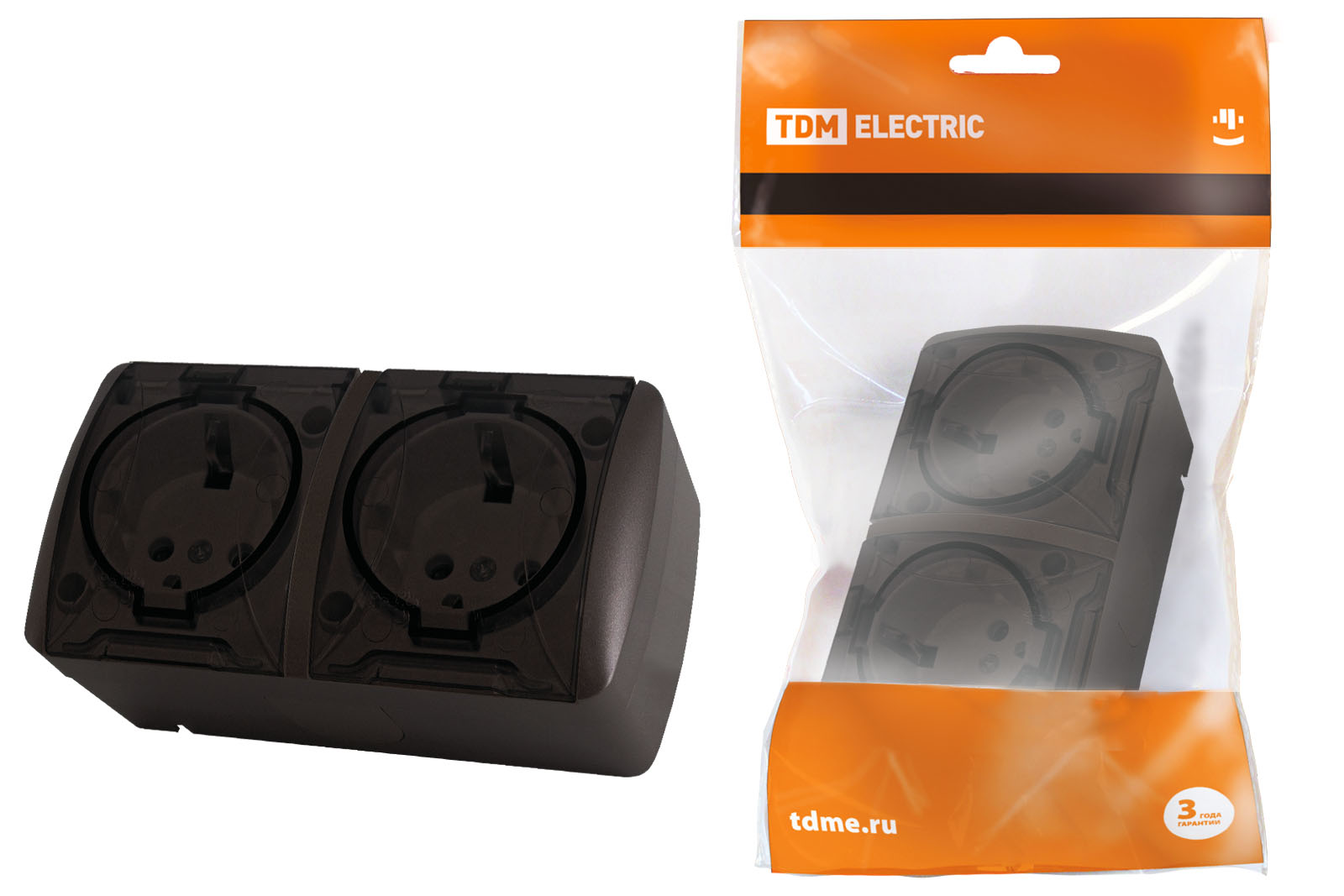 Розетка TDM ELECTRIC Селигер двойная 2П+3 открытой установки IP54 16А с прозрачной крышкой шоколад