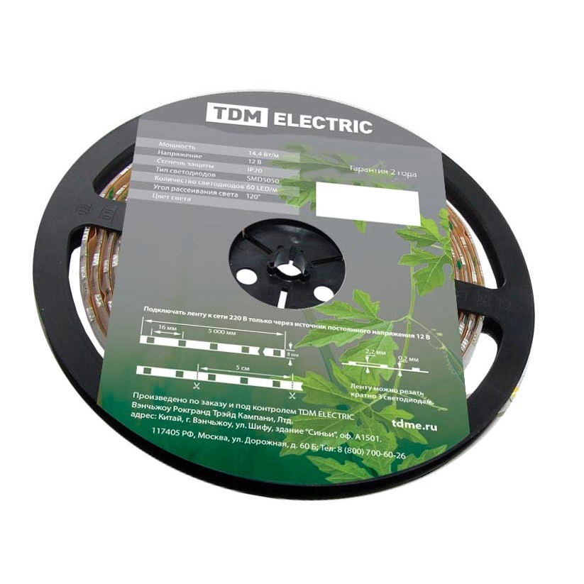 Лента светодиодная TDM ELECTRIC SMD5050-60-20-12-144-RD 60LED/м, IP20, 12В, 14,4Вт, красный купить с доставкой по РФ