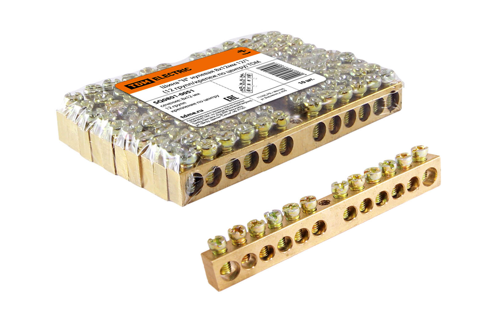 Шина TDM ELECTRIC "N" нулевая 8х12мм 12/1 (12 групп/крепеж по центру)