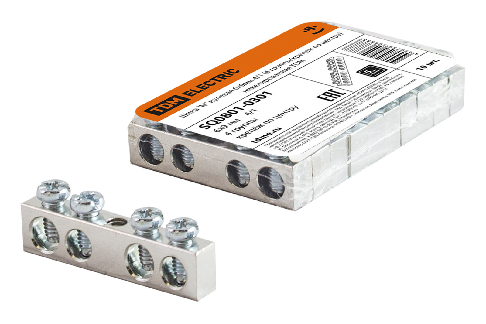 Шина TDM ELECTRIC "N" нулевая 6х9 мм 4/1 (4 группы/крепеж по центру) никелированная
