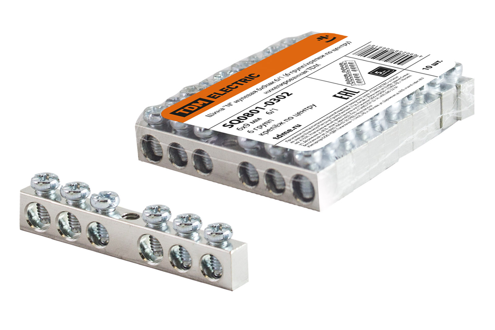 Шина TDM ELECTRIC "N" нулевая 6х9мм 6/1 (6 групп/крепеж по центру) никелированная