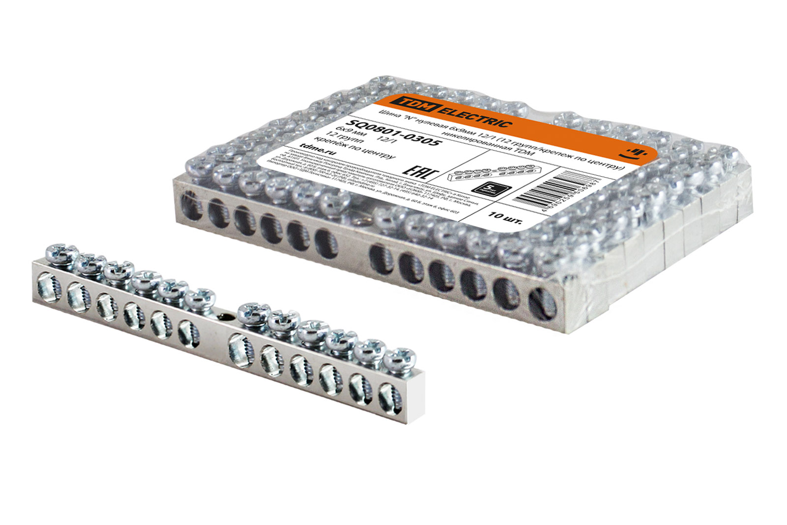 Шина TDM ELECTRIC "N" нулевая 6х9мм 12/1 (12 групп/крепеж по центру) никелированная