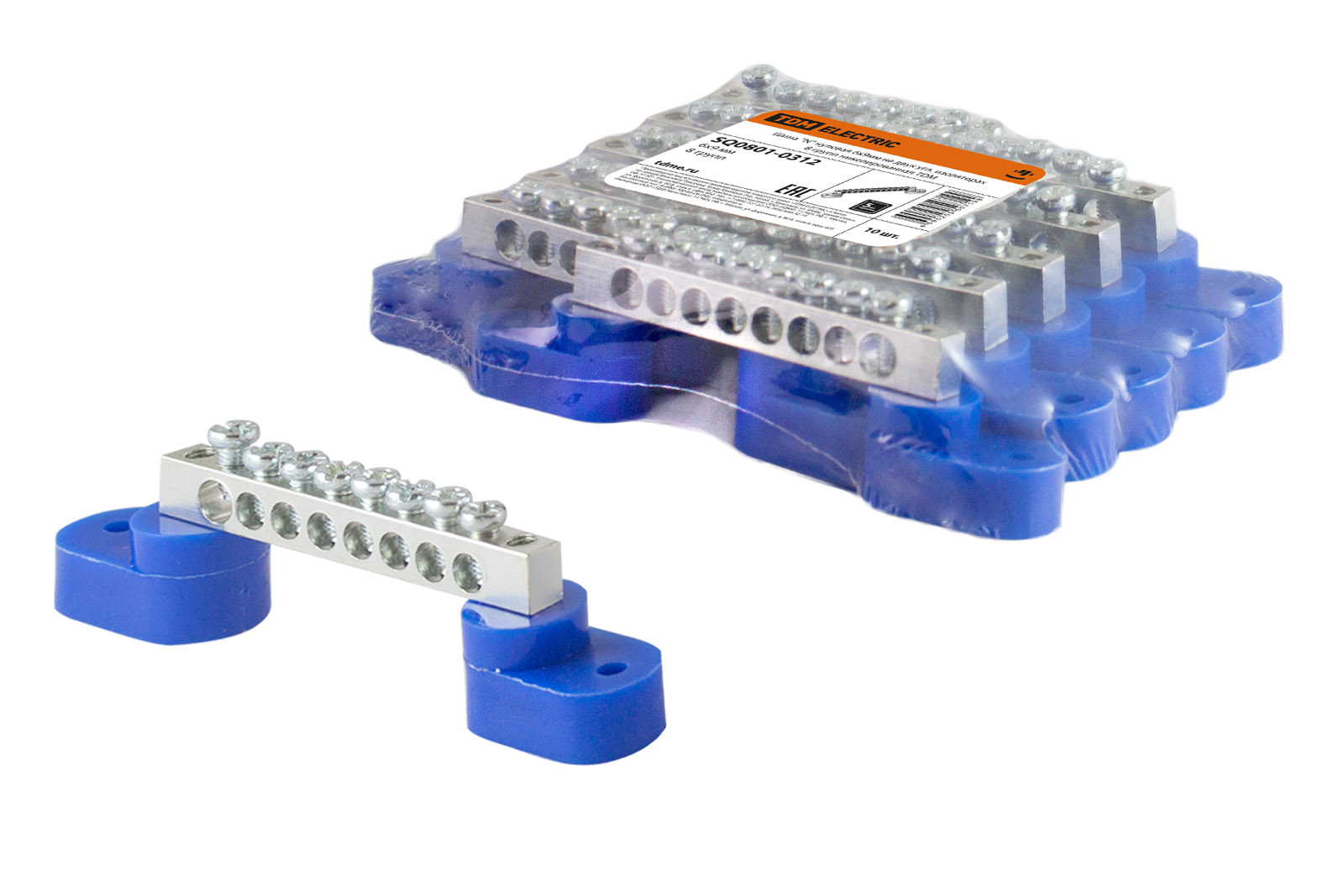 Шина TDM ELECTRIC "N" нулевая 6х9мм на двух угл. изоляторах 8 групп никелированная