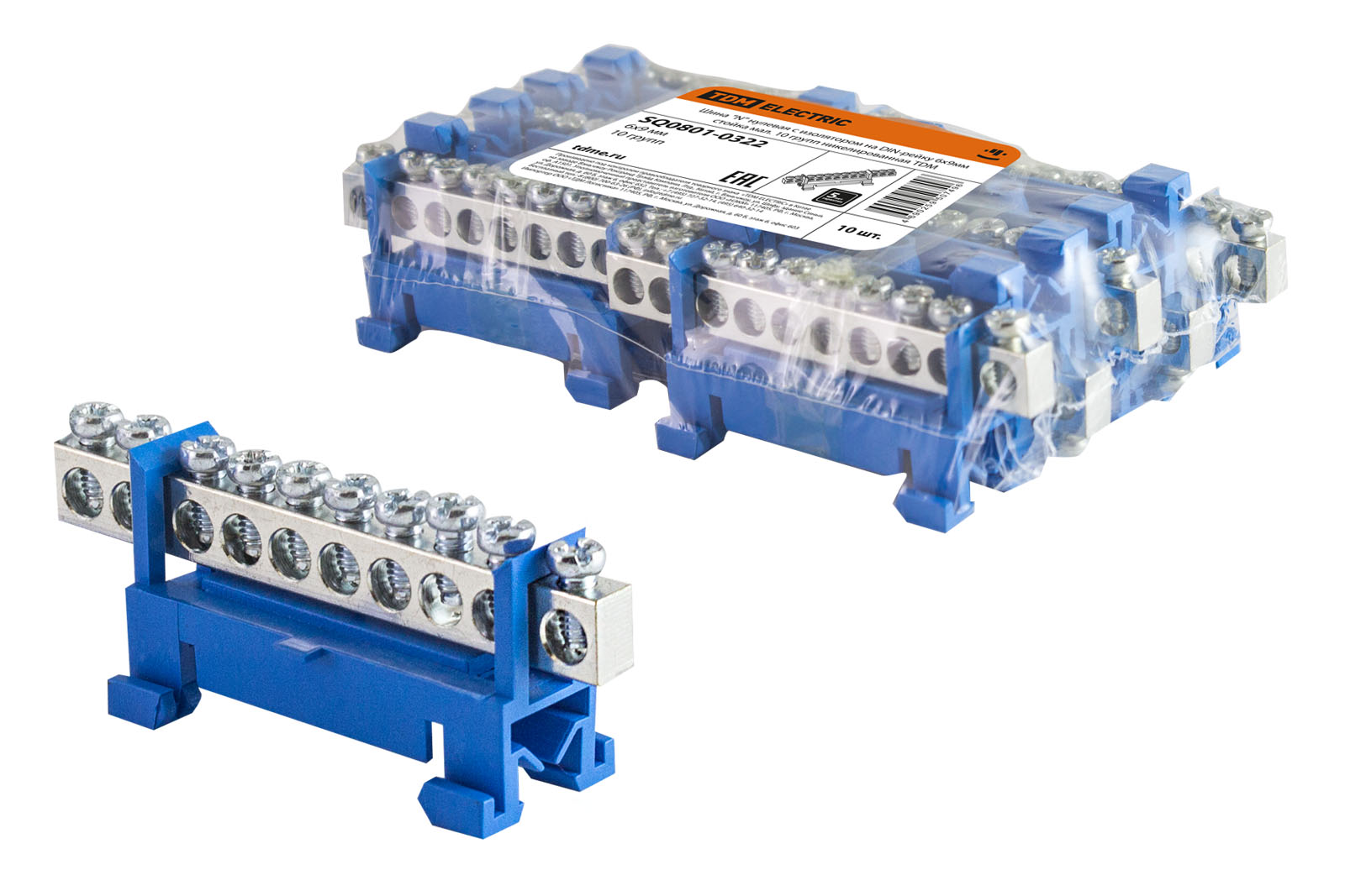 Шина TDM ELECTRIC "N" нулевая с изолятором на DIN-рейку 6x9мм стойка 10 групп никелированная