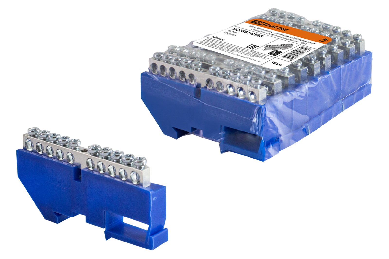 Шина TDM ELECTRIC "N" нулевая с изолятором на DIN-рейку 6х9мм стойка большая 10 групп никелированная