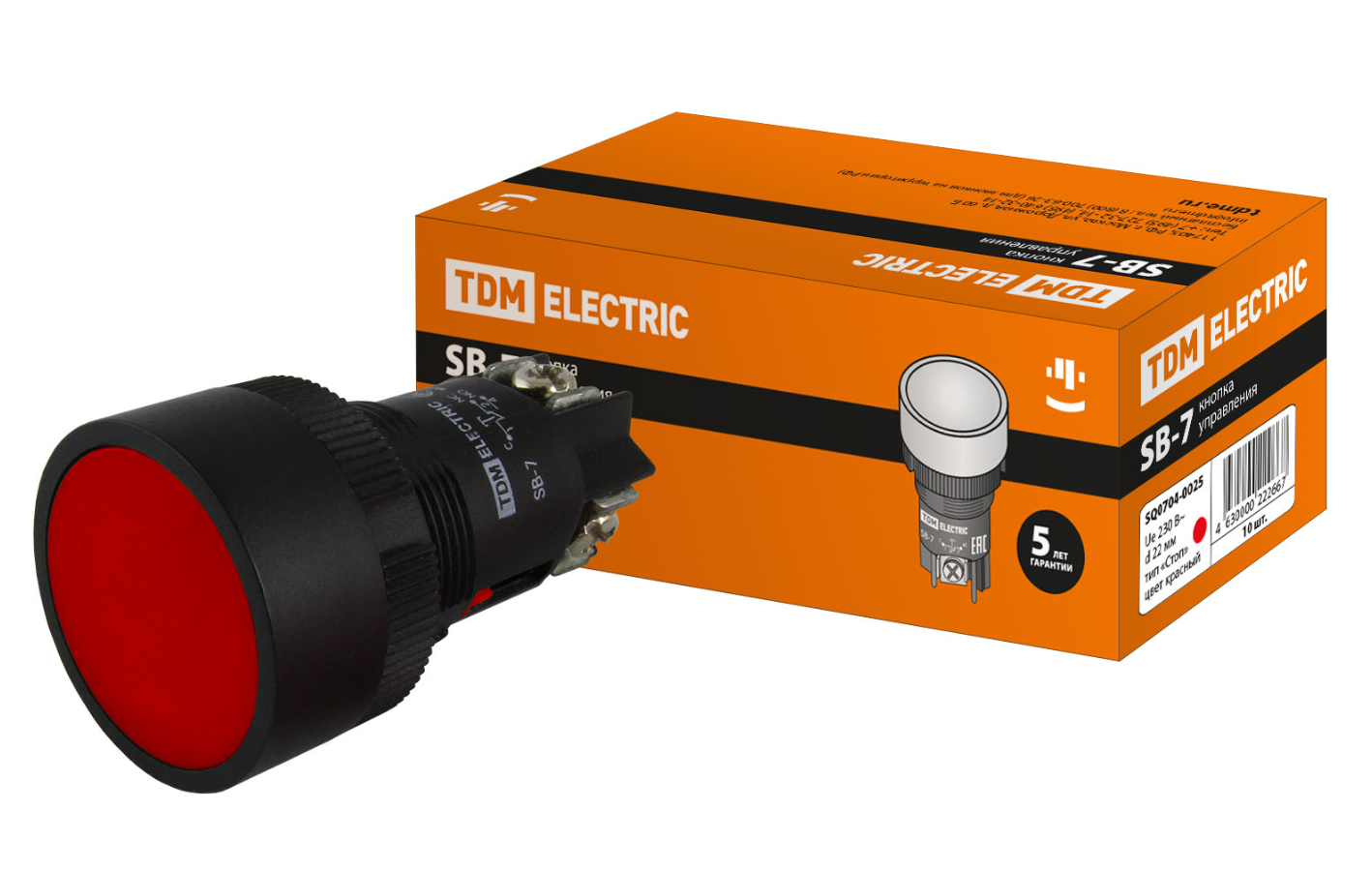 Кнопка TDM SВ-7 "Стоп" с возвратом, 1НЗ, d22 мм, красная, IP40
