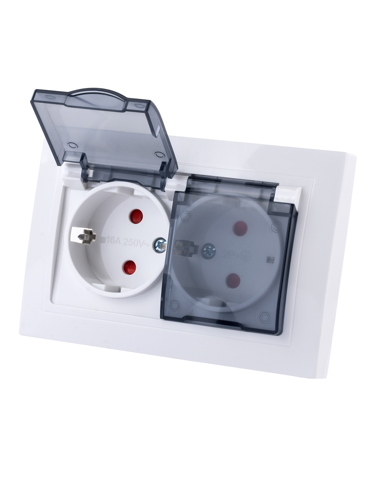 Розетка TDM ELECTRIC Таймыр двойная 2П+З с защ. шт. и прозрачной крышкой 16А 250В IP44 белая купить с доставкой по РФ
