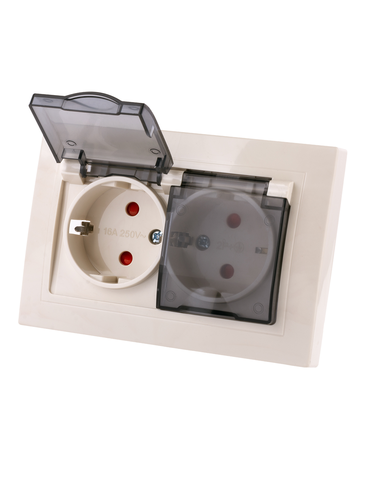 Розетка TDM ELECTRIC Таймыр двойная 2П+З с защ. шт. и прозрачной крышкой 16А 250В IP44 сл. кость