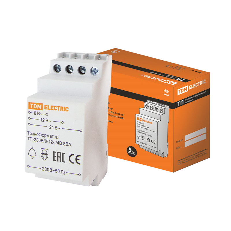 Трансформатор понижающий TDM ELECTRIC ТП-230В/8-12-24В 8ВА DIN-рейка