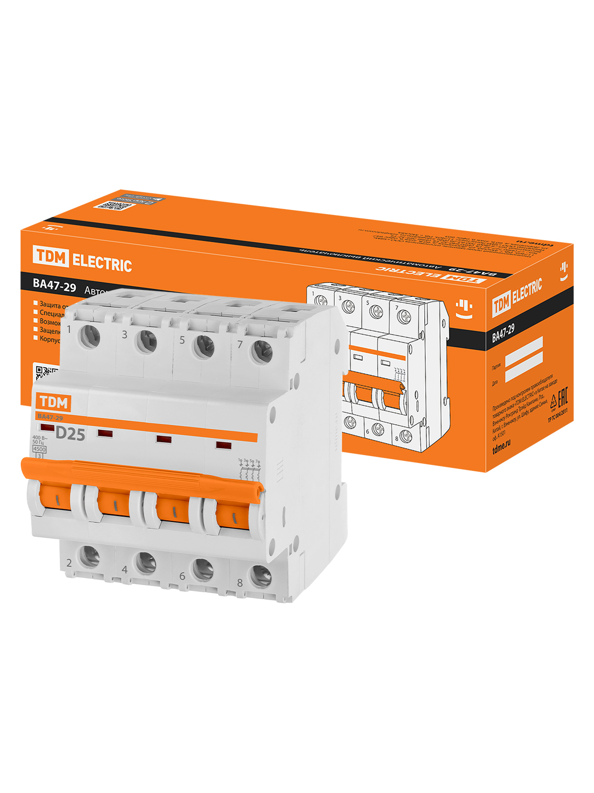 Автоматический выключатель TDM ELECTRIC ВА47-29 4Р 25А 4,5кА характеристика D