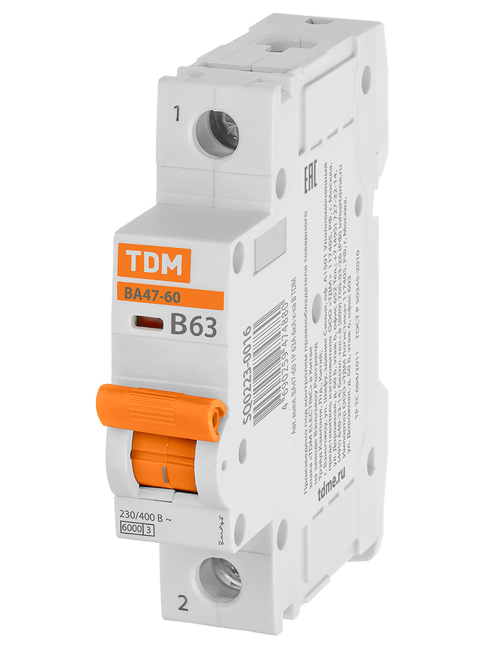 Автоматический выключатель TDM ВА47-60 1Р 63А 6кА характеристика В